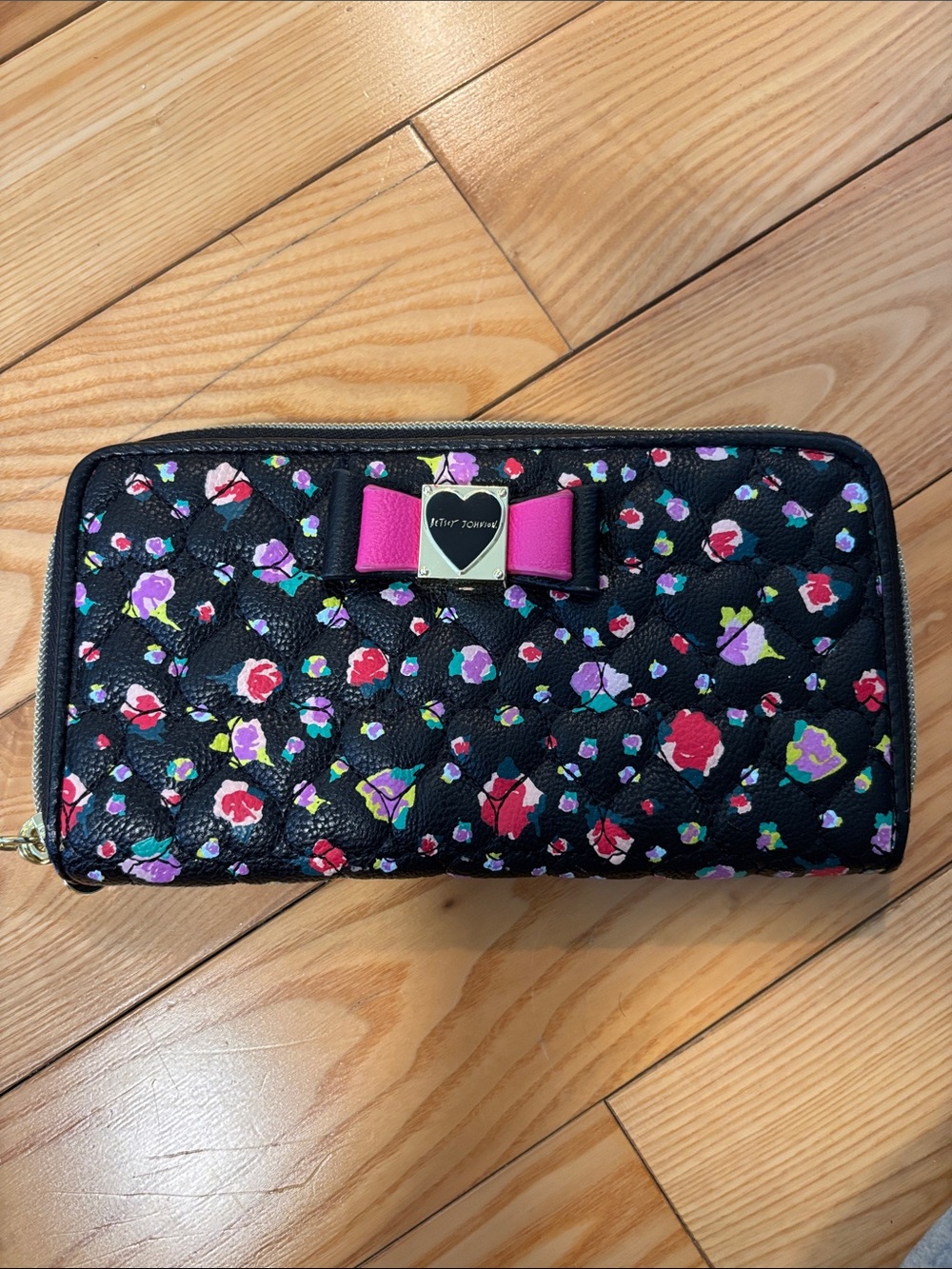 Betsey Johnson Black Floral Zip Wallet with Pink Bow